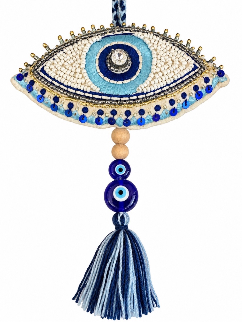 Cost Plus World Market Blue and White Evil Eye Tassel Wall Decor